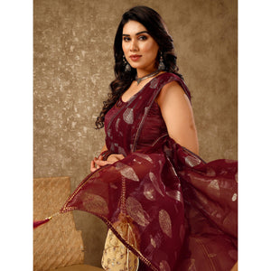Maroon Foil Printed Chiffon Saree With Gota Patti Lace Border