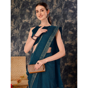 Blue Zari Embroidery Chiffon Saree With Lace Border