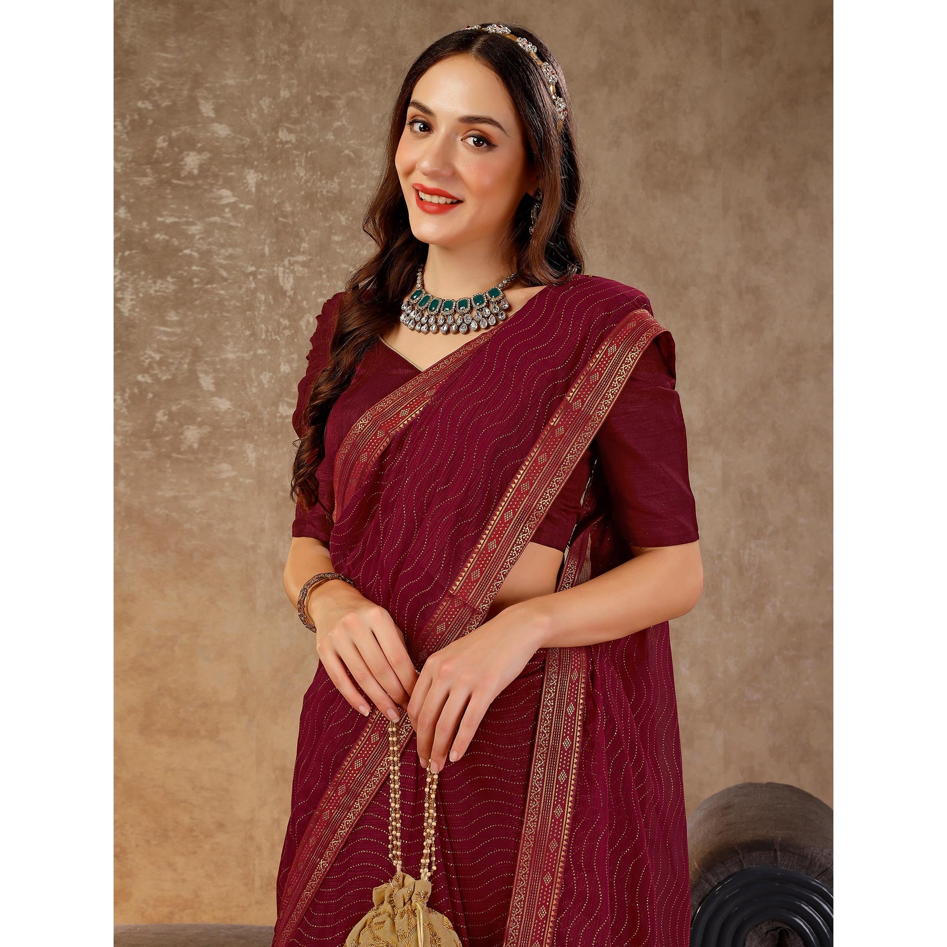 Maroon Zari Embroidery Chiffon Saree With Lace Border