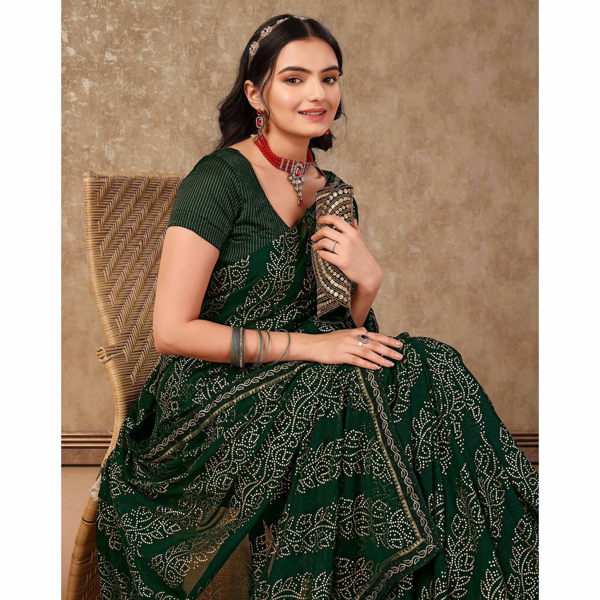 green-bandhani-foil-printed-chiffon-saree-with-lace-border