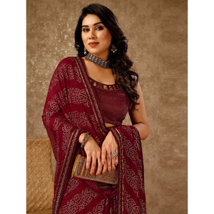 Maroon Bandhani Foil Printed Chiffon Saree With Lace Border