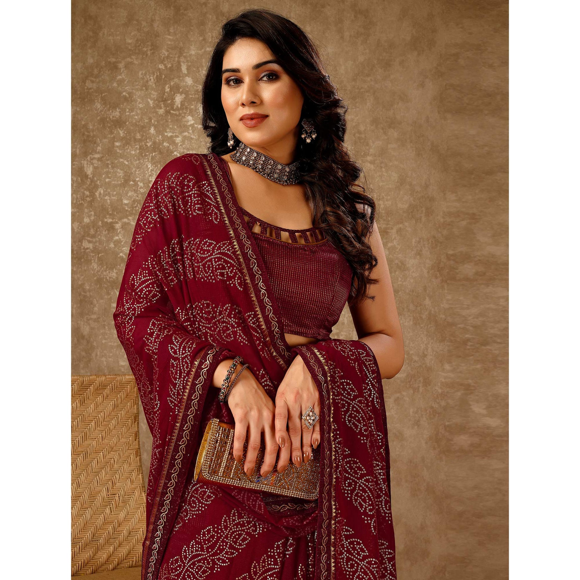 Maroon Bandhani Foil Printed Chiffon Saree With Lace Border