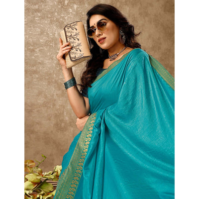 Blue Solid Saree Vichitra Silk With Zari Lace Border