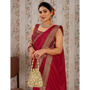 Maroon Solid Saree Vichitra Silk With Zari Lace Border