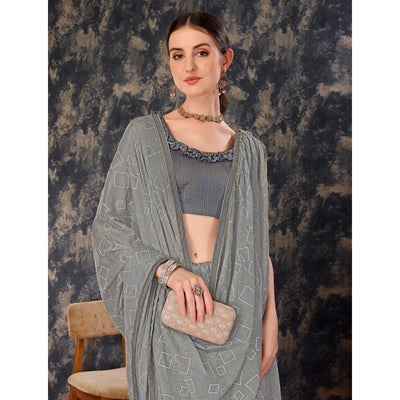 Grey Printed With Zari Work Chiffon Saree With Lace Border