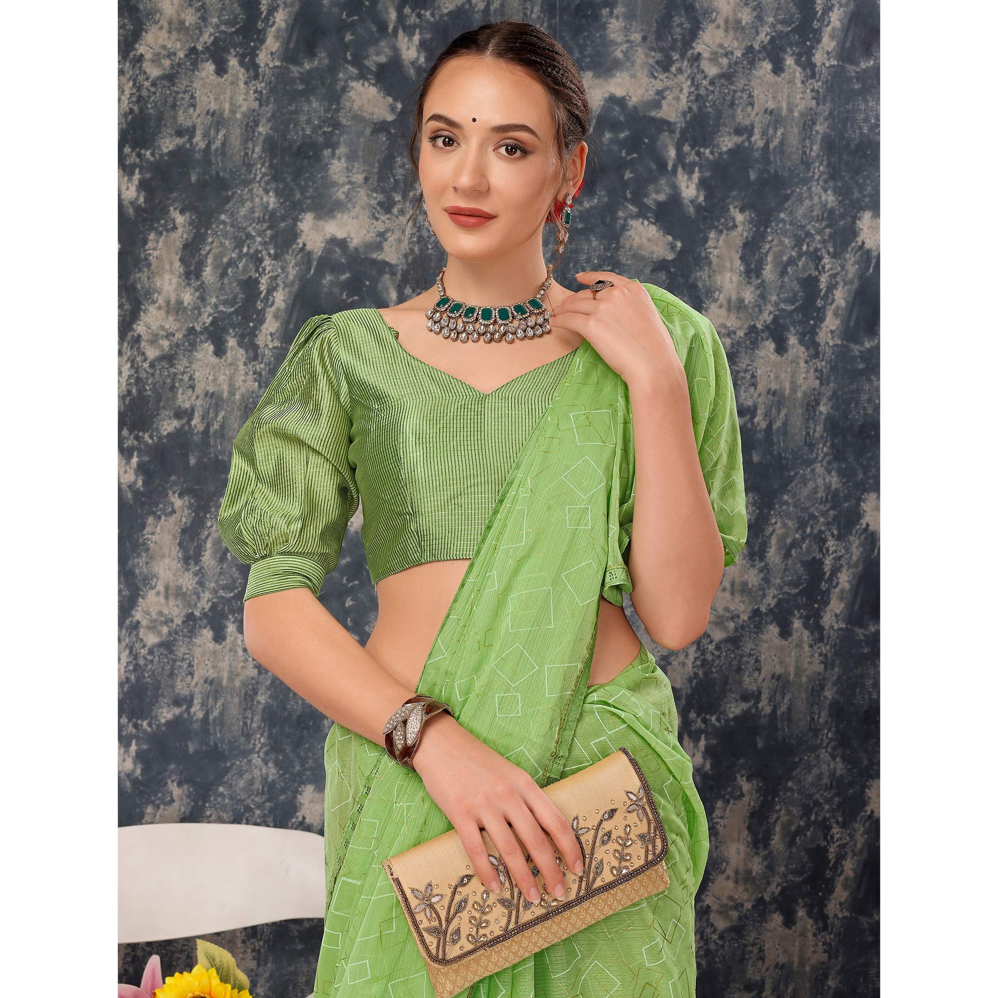 green-printed-with-zari-work-chiffon-saree-with-lace-border