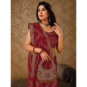 Maroon Foil Printed Chiffon Saree With Lace Border