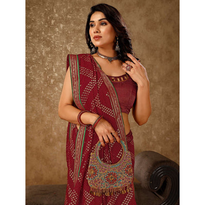 Maroon Foil Printed Chiffon Saree With Lace Border