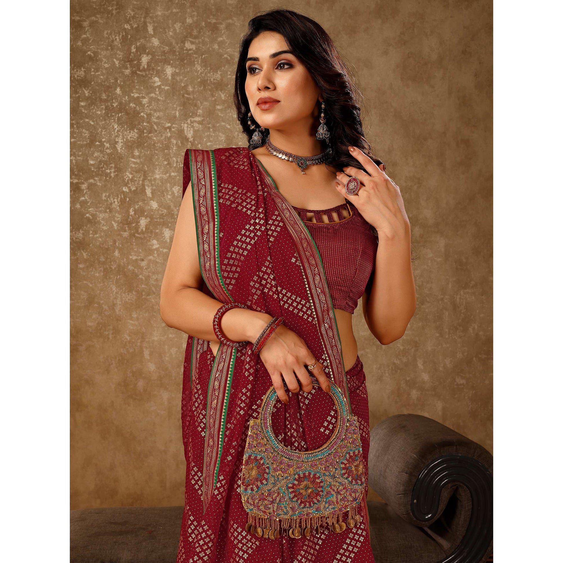 Maroon Foil Printed Chiffon Saree With Lace Border