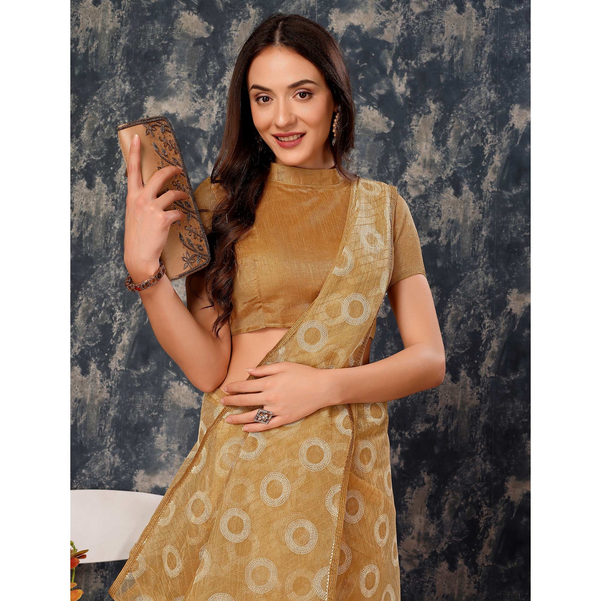 Chikoo Printed With Zari Work Cotton Silk Saree With Lace Border