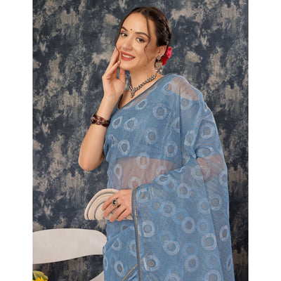 Greyish Blue Printed With Zari Work Cotton Silk Saree With Lace Border