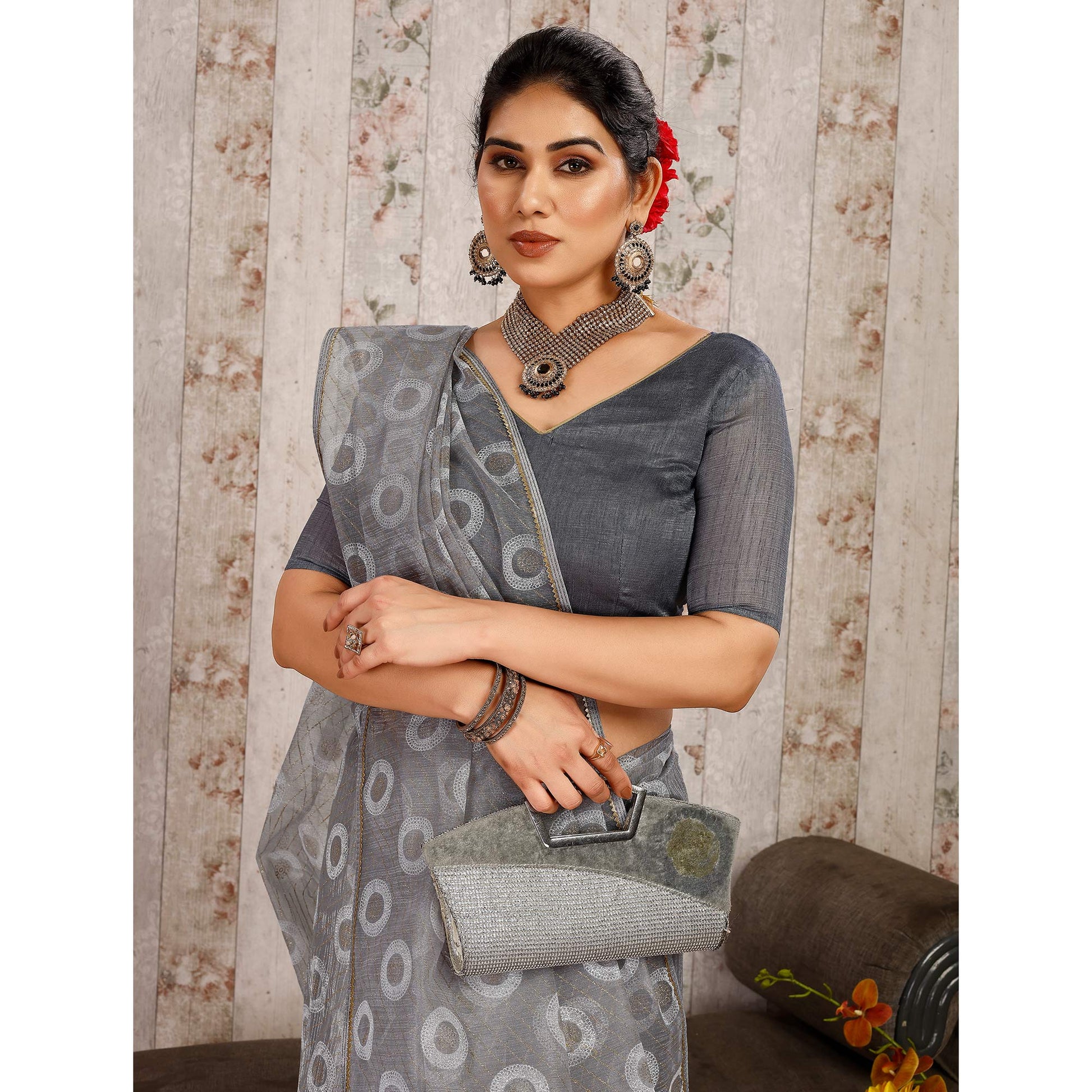 Grey Printed With Zari Work Cotton Silk Saree With Lace Border