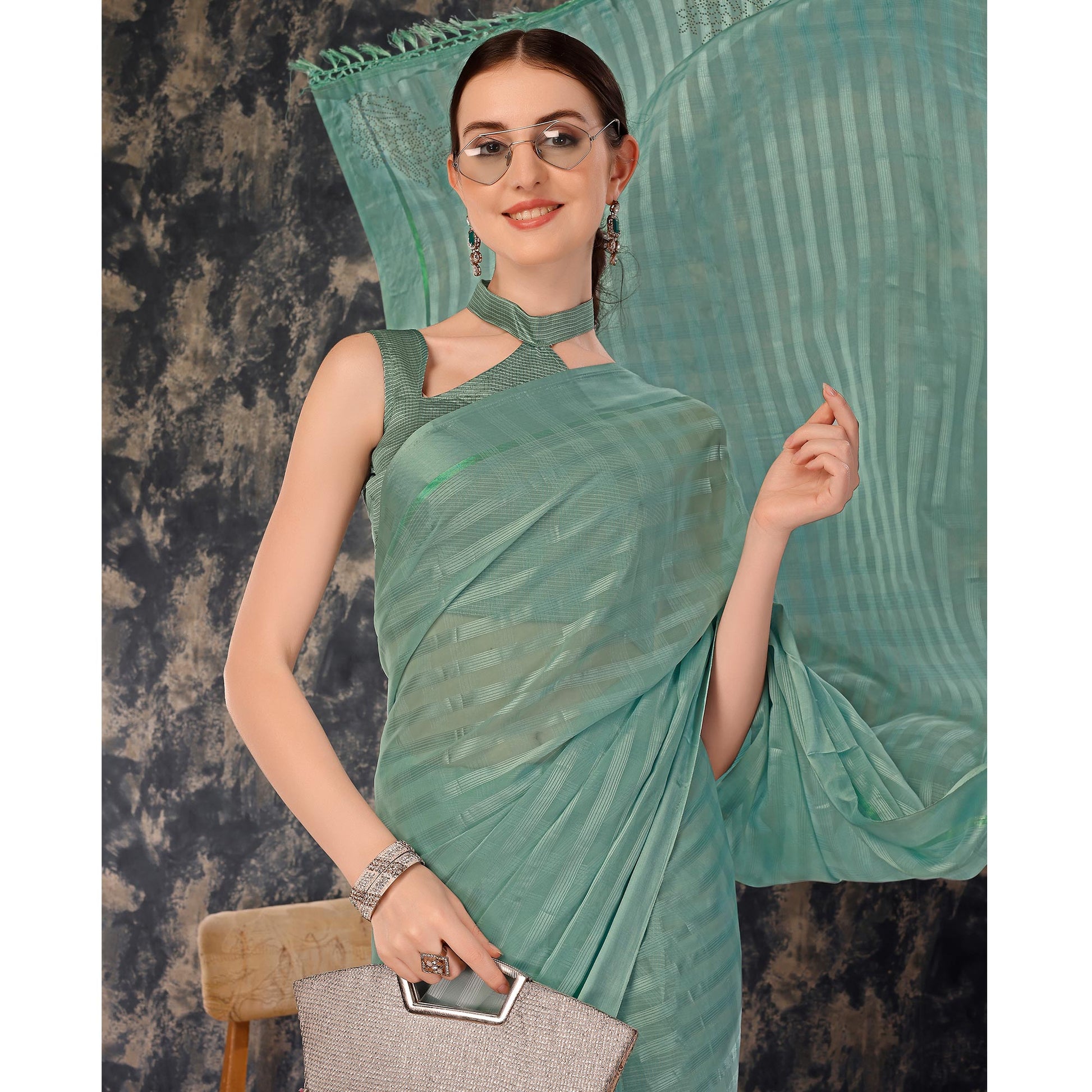 Dusty Green Swarovski Work Chiffon Saree With Tassels