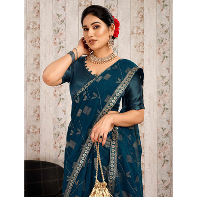 Morpich Floral Foil Printed Chiffon Saree With Lace Border