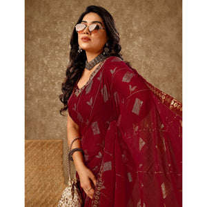 Maroon Floral Foil Printed Chiffon Saree With Lace Border