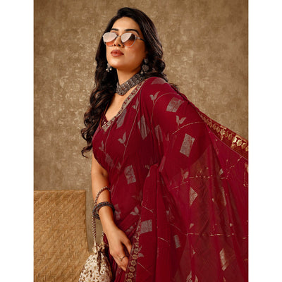 Maroon Floral Foil Printed Chiffon Saree With Lace Border