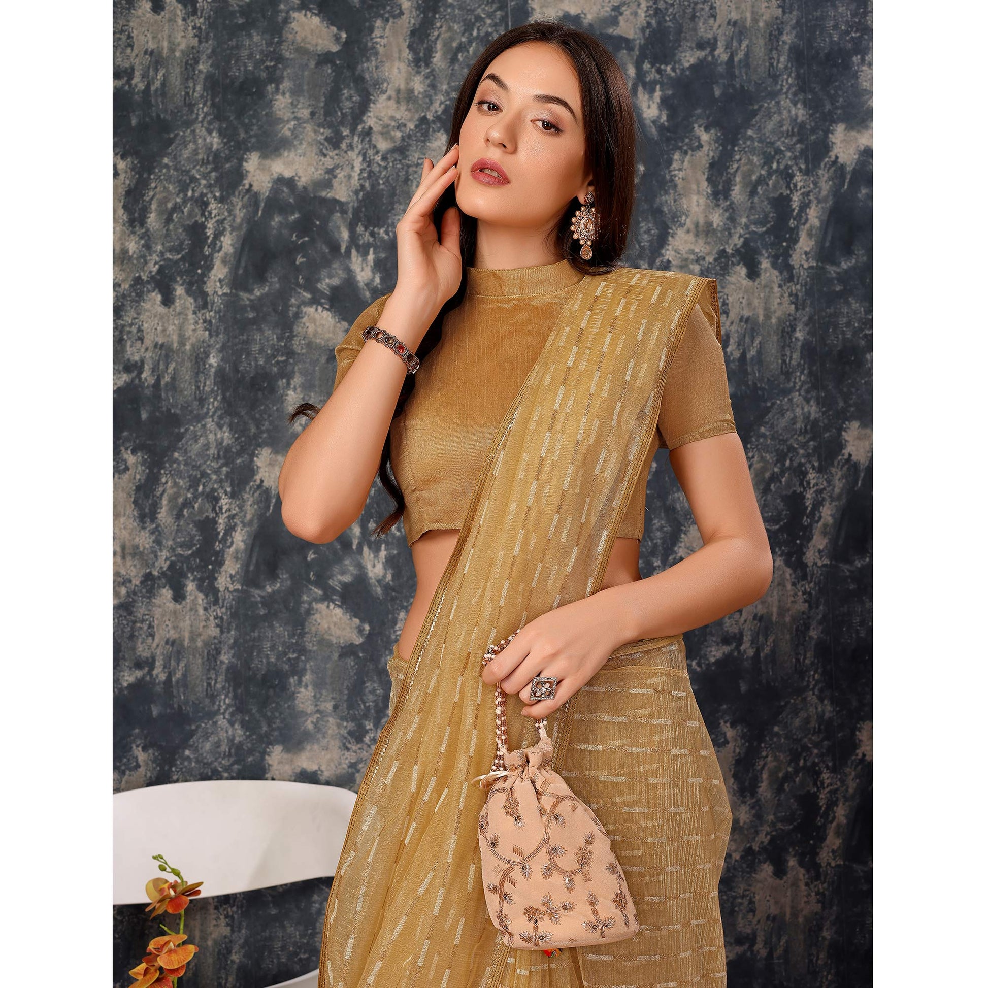 Chikoo Zari Printed Cotton Silk Saree Lace Border