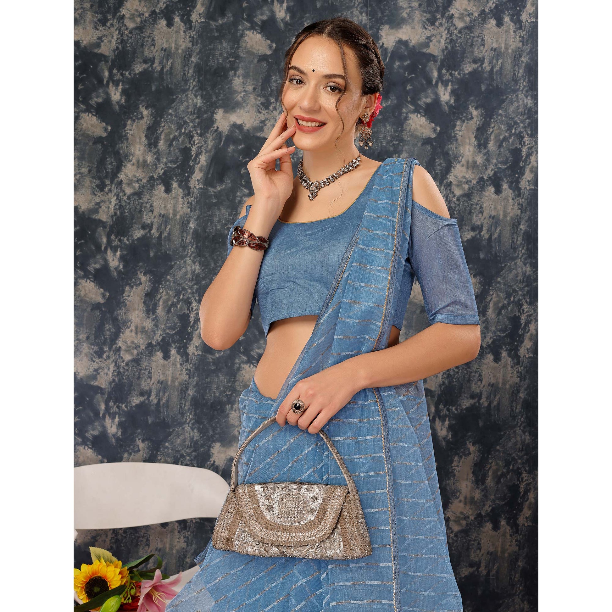 Greyish Blue Zari Printed Cotton Silk Saree Lace Border