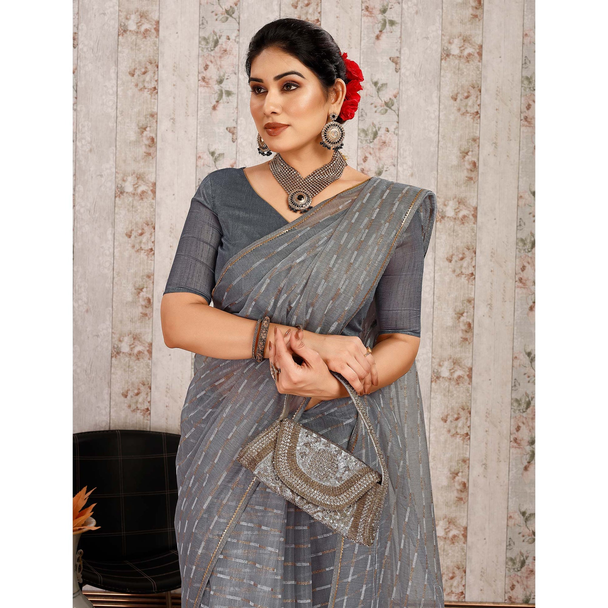 Grey Zari Printed Cotton Silk Saree Lace Border