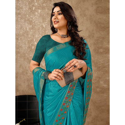 Blue Swarovski Work Vichitra Silk Saree Lace Border