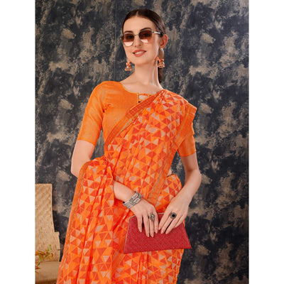 Dark Orange Geometric Printed Chiffon Saree With Lace Border