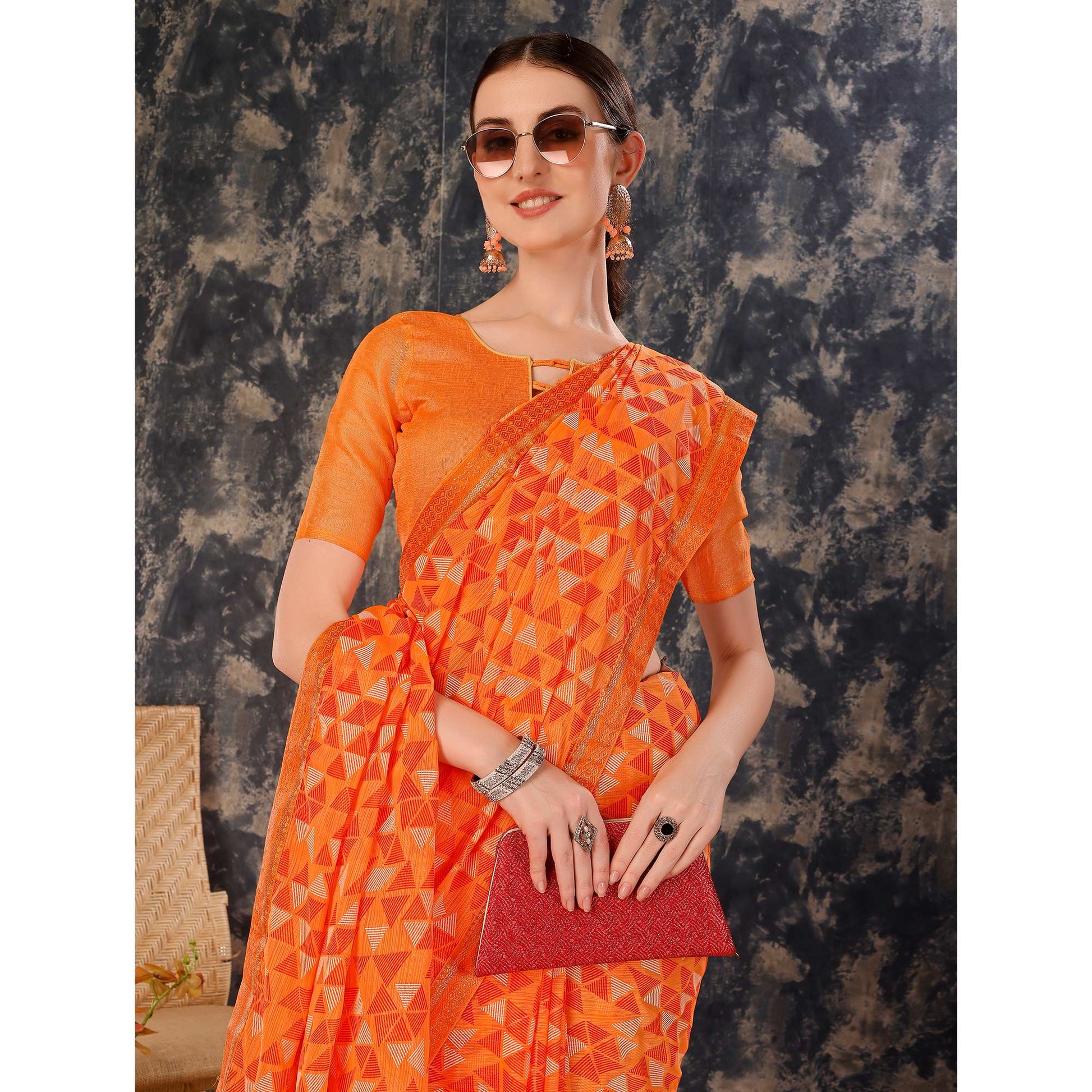 Dark Orange Geometric Printed Chiffon Saree With Lace Border