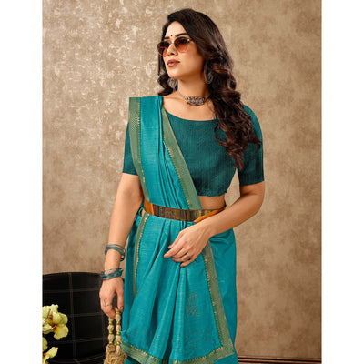 Blue Swarovski Work Vichitra Silk Saree With Lace Border