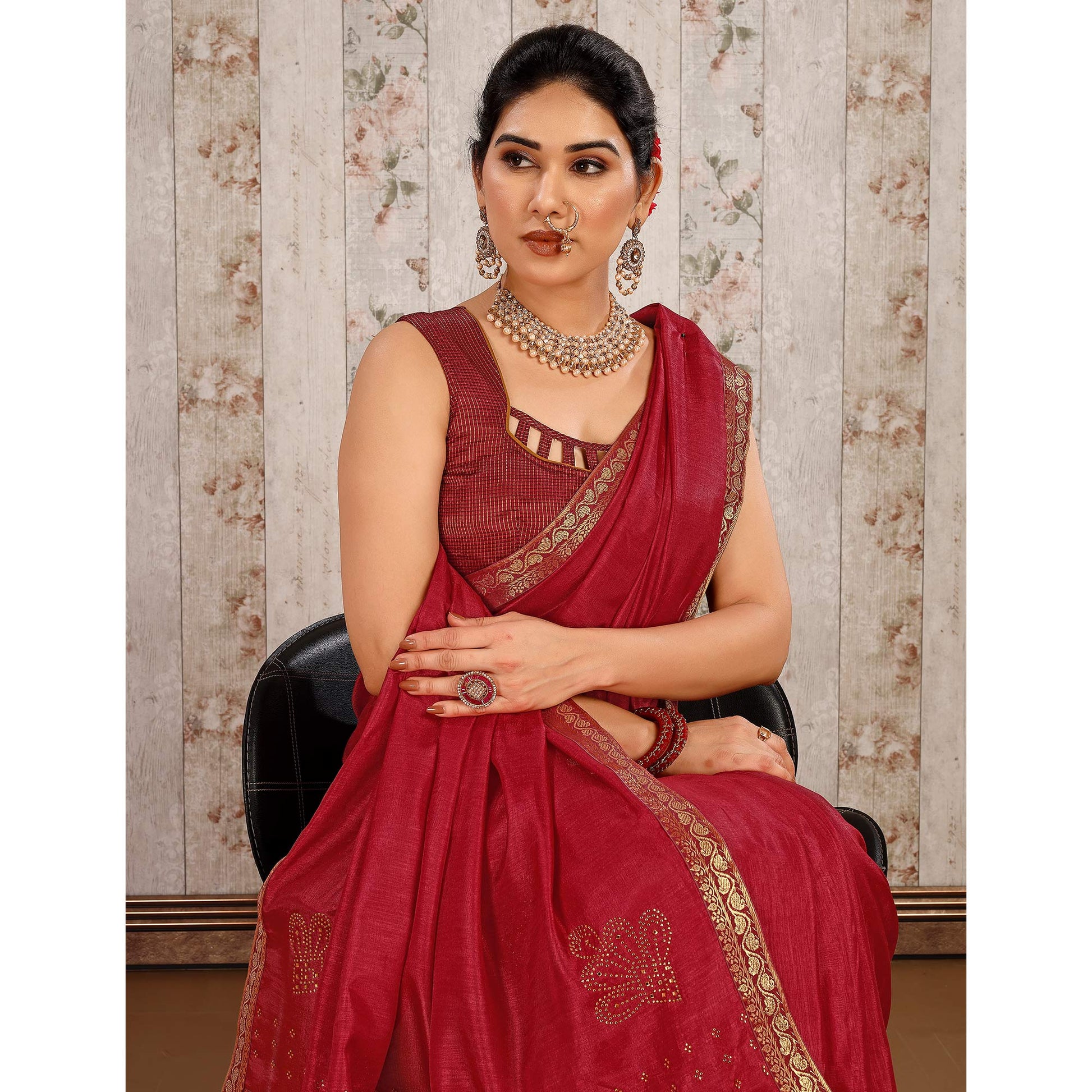 Maroon Swarovski Work Vichitra Silk Saree With Lace Border
