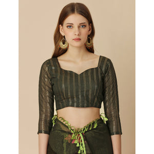 Dark Green Floral Embroidered Chiffon Saree With With Tassels