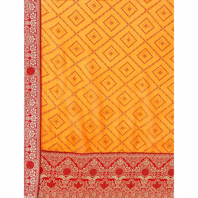 Bright Orange Bandhani Foil Printed Chiffon Saree With Tassels