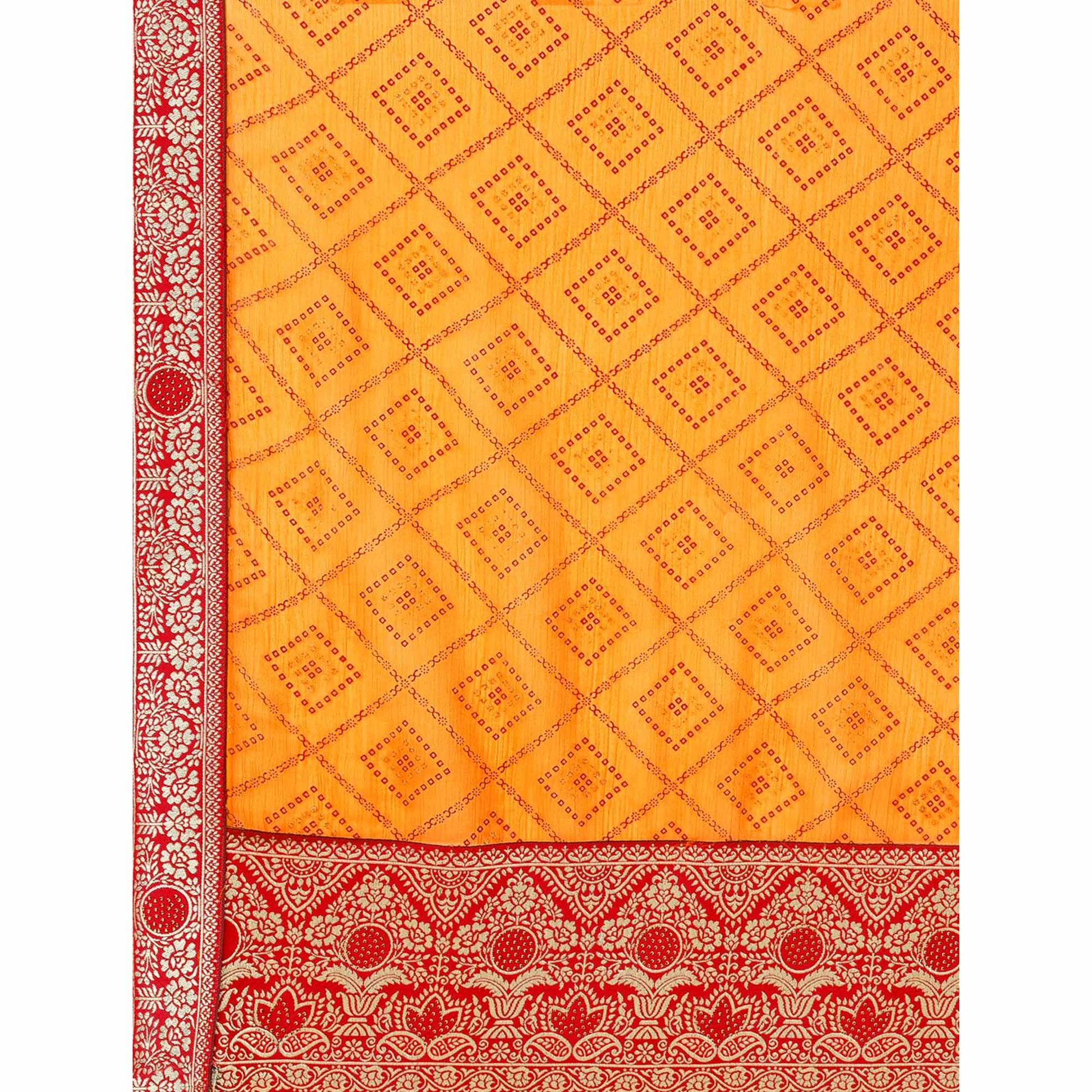 Bright Orange Bandhani Foil Printed Chiffon Saree With Tassels