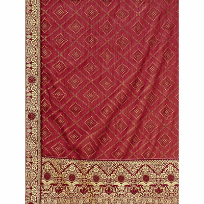 Maroon Bandhani Foil Printed Chiffon Saree With Tassels