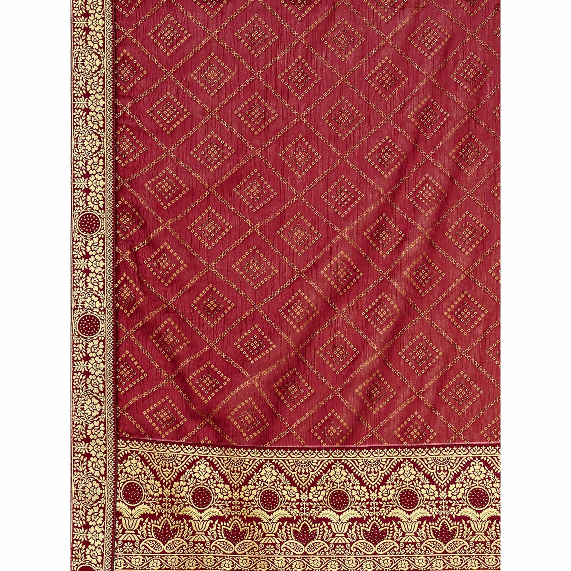 Maroon Bandhani Foil Printed Chiffon Saree With Tassels
