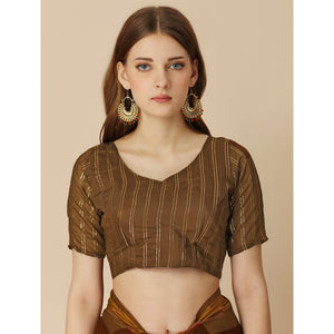 Brown Floral Embroidered Chiffon Saree With With Tassels