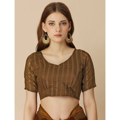 Brown Floral Embroidered Chiffon Saree With With Tassels