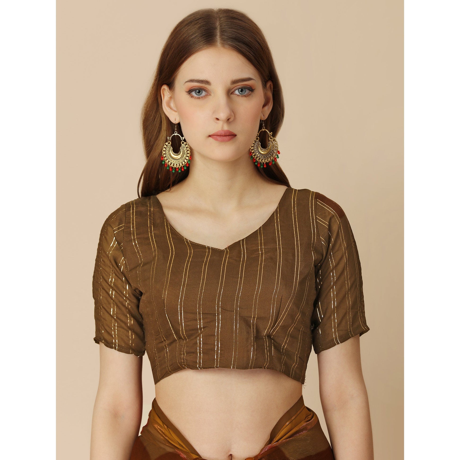 Brown Floral Embroidered Chiffon Saree With With Tassels