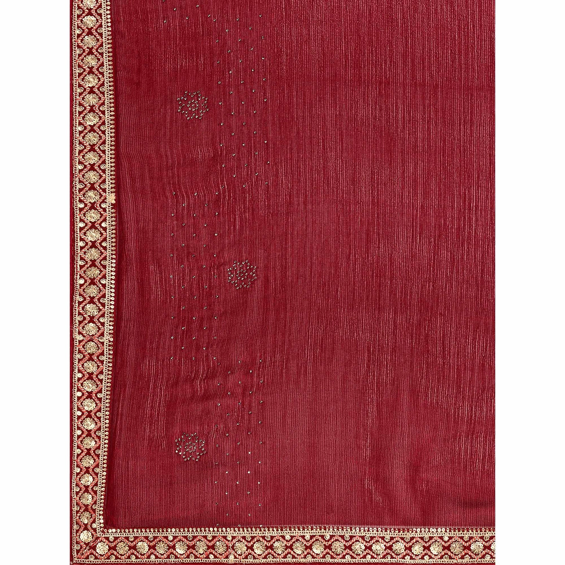 Maroon Swarovski With Sequins Embroidered Chiffon Saree