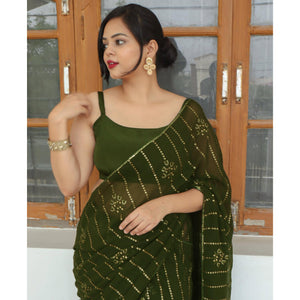 Mehandi Green Sequins Embroidered Georgette Saree