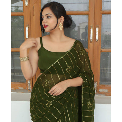 Mehandi Green Sequins Embroidered Georgette Saree