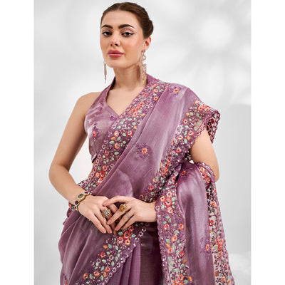 Lavender Floral Embroidered Tissue Saree