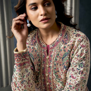 Cream Paisley Weaving Woolen Front Slit Top Bottom Set with Jacket