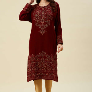 Maroon Floral Woven Woolen Straight Kurti