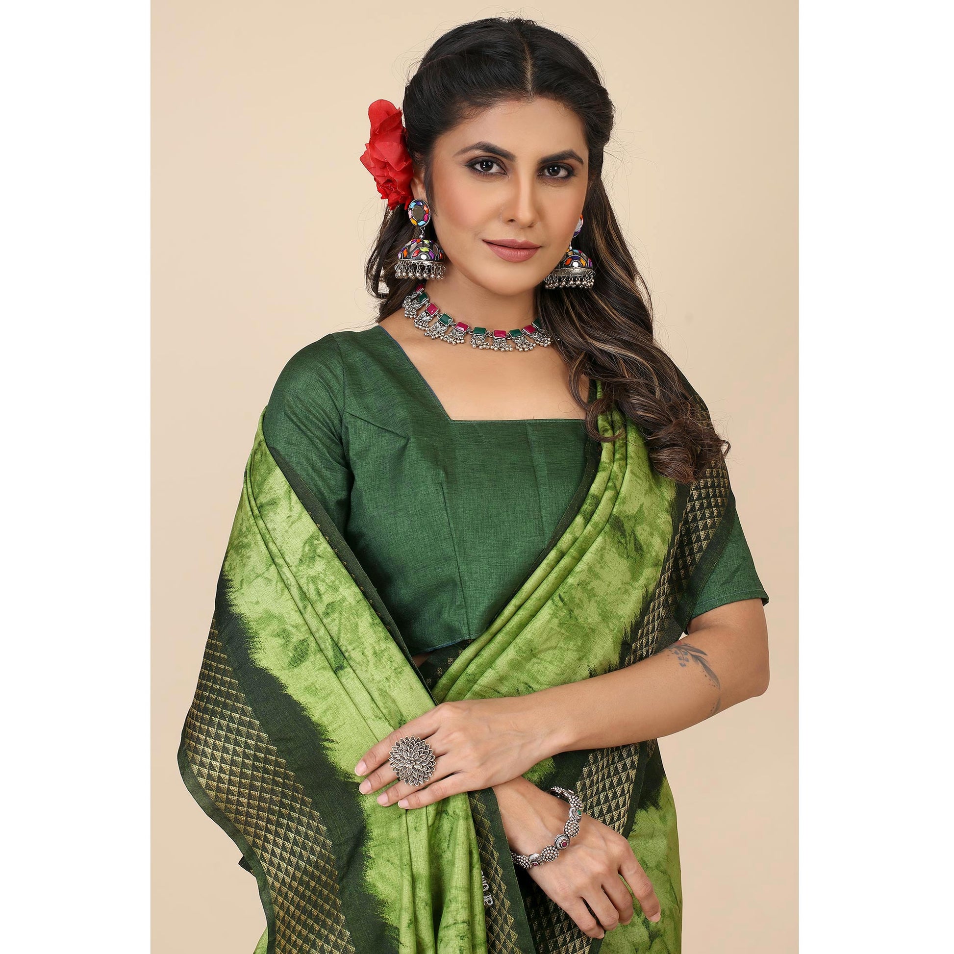 green-printed-cotton-silk-saree-with-zari-border