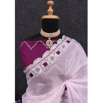 Light Purple Sequins Embroidered Chiffon Saree