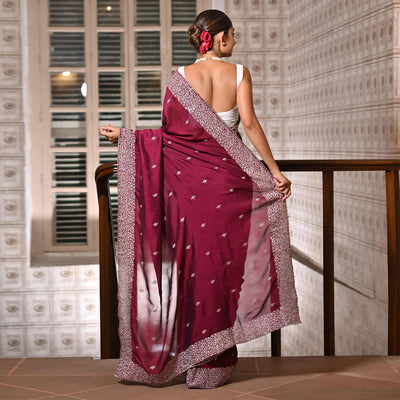 Maroon Embroidered Vichitra Silk Saree