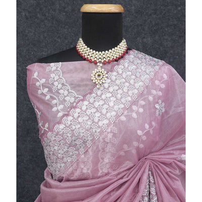 Mauve Floral Embroidered Net Saree