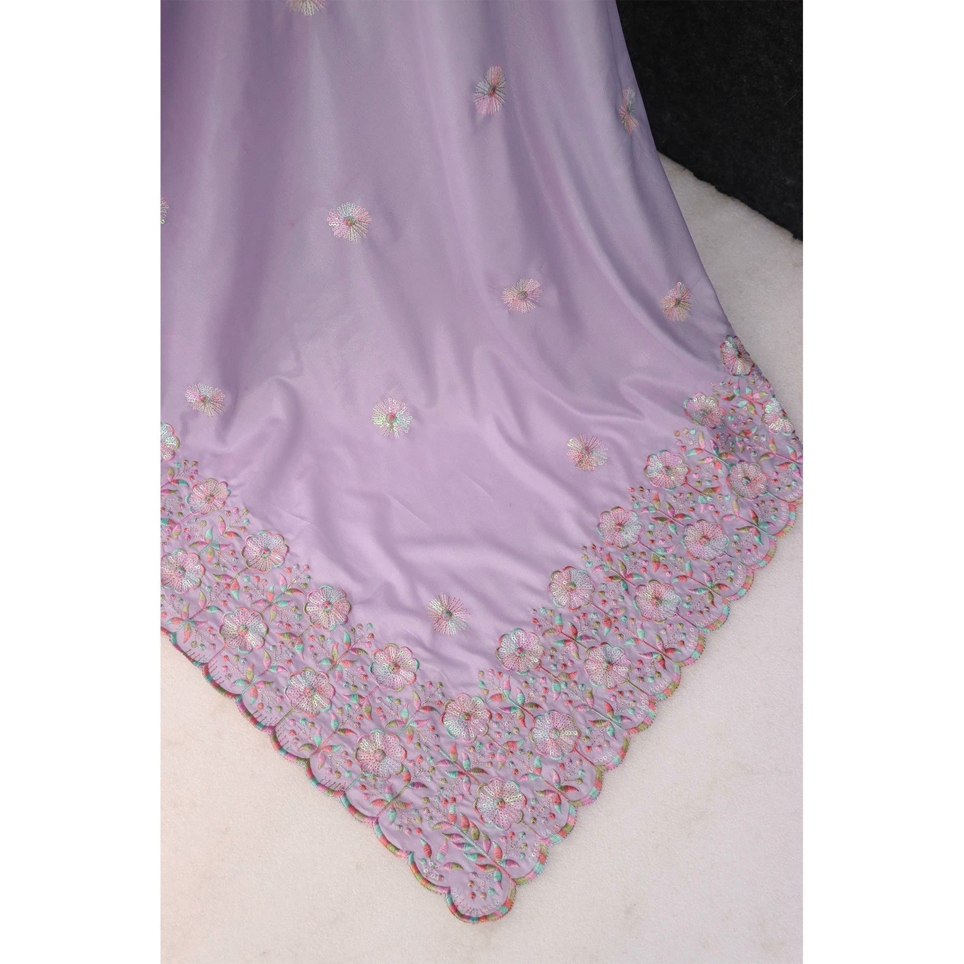 Light Purple Floral Sequins Embroidered Crepe Silk Saree