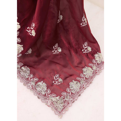 Maroon Floral Embroidered Satin Saree