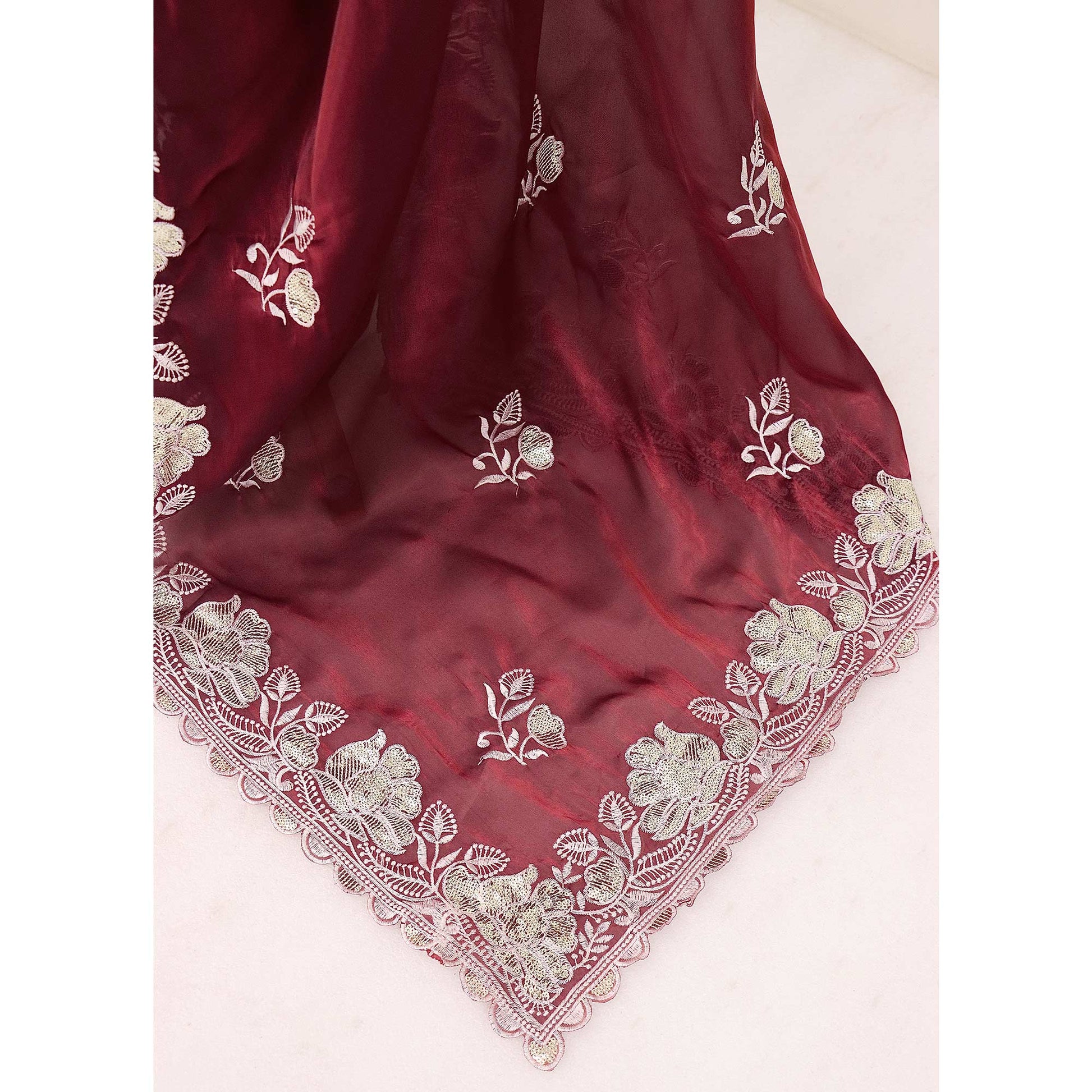 Maroon Floral Embroidered Satin Saree
