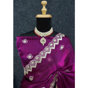 Magenta Sequins Embroidered Satin Saree